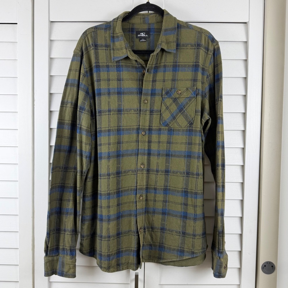 O'Neill Flannel Shirt Mens L Green Plaid Long Sleeve Button Up Modern Fit